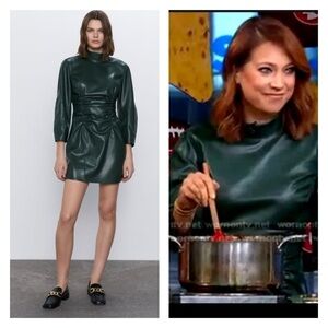 ZARA Dark Green Long Sleeve Ruched Faux Leather Mini Dress Medium NEW Blogger